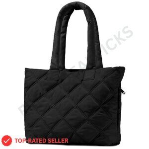 Quilted Puffer Tote Bag with Zipper Laptop Compartment Lightweight Nylon
